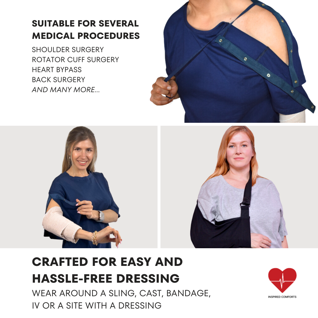 Surgery Recovery Shirt with Velcro Shoulder Access - Crew Neck