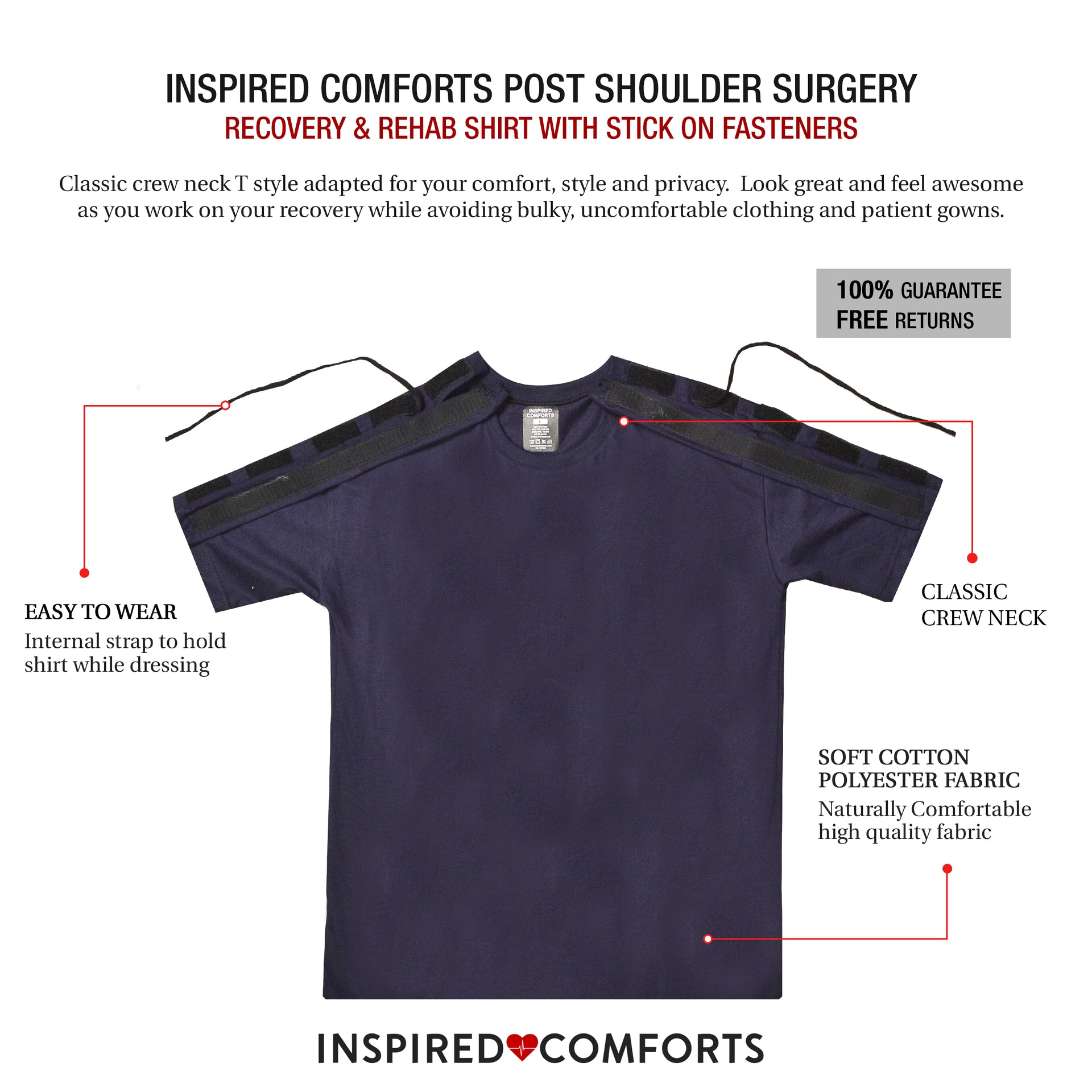 Surgery Recovery Shirt with Velcro Shoulder Access Crew Neck